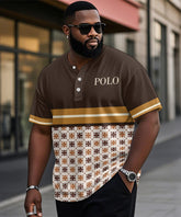 Men's Plus Size Daily Casual Brown Striped Alphabet Print Henry Collar Button Short Sleeve Tee